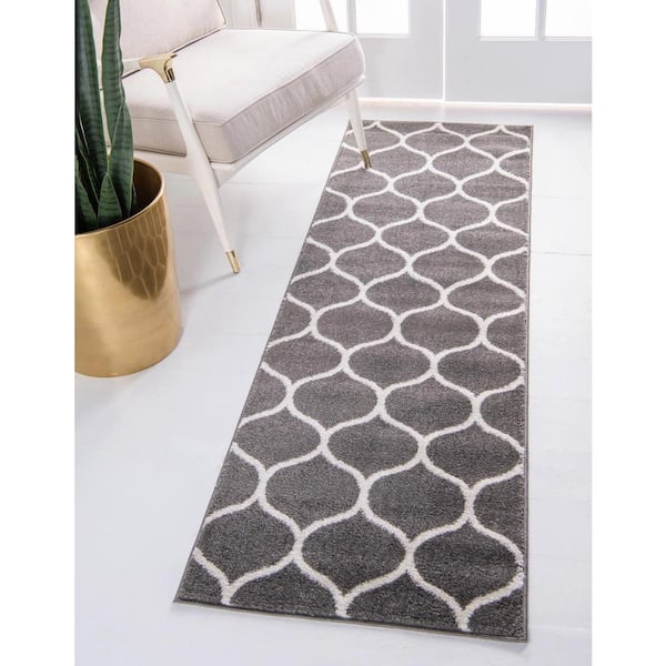 Trellis Frieze Collection Area Rug - Rounded (2 ft.  x 8 ft. 8 in. Runner Dark Gray/Ivory)