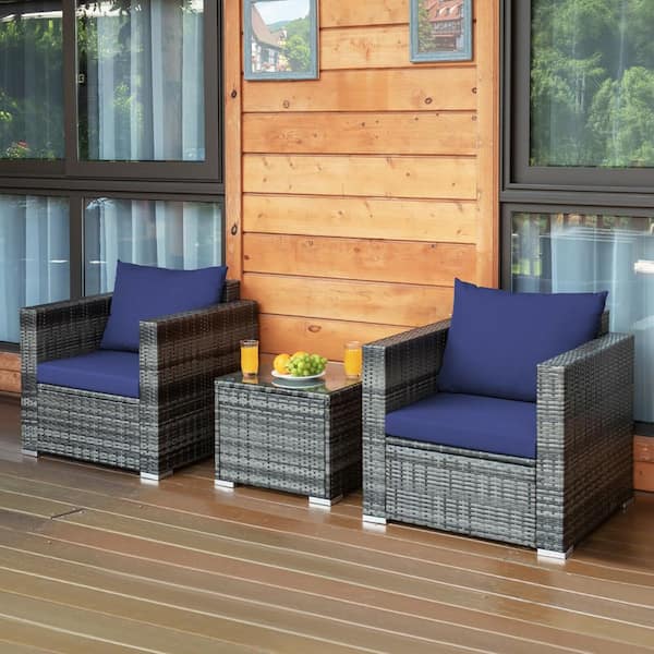 Liviza 3-Piece Wicker Patio Conversation Set with Navy Cushions and Tempered Glass Table Top