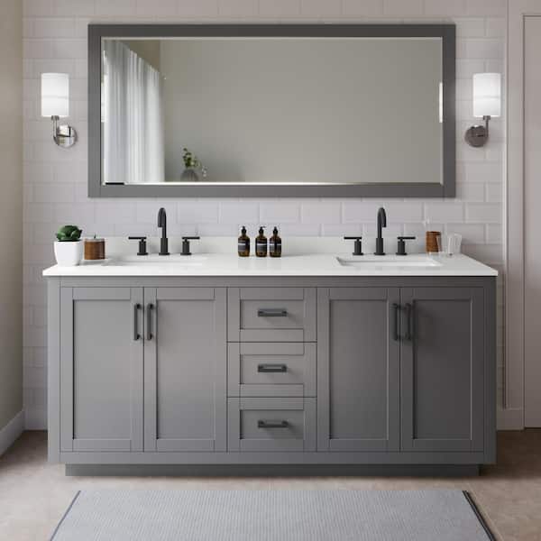 Wyndham Collection Miranda 72 in. W x 22 in. D x 33.75 in. H Double Bath Vanity in Dark Gray with White Quartz Top and 70 in. Mirror