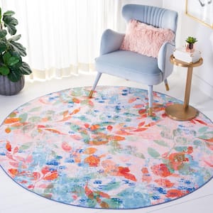 Paint Brush Blush Pink/Green 7 ft. x 7 ft. Machine Washable Gradient Floral Round Area Rug