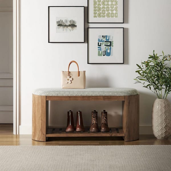Ashby 45 in. Geometric Upholstered Bedroom Bench in Natural Geometric with Slatted Shoe Shelf