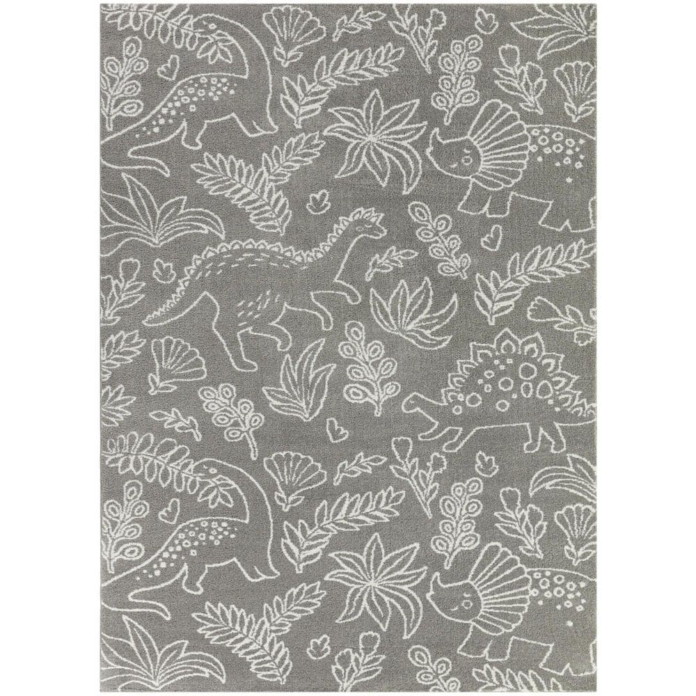 Gray Synthetic Non-slip Rectangular Kids' Dinosaur Rug
