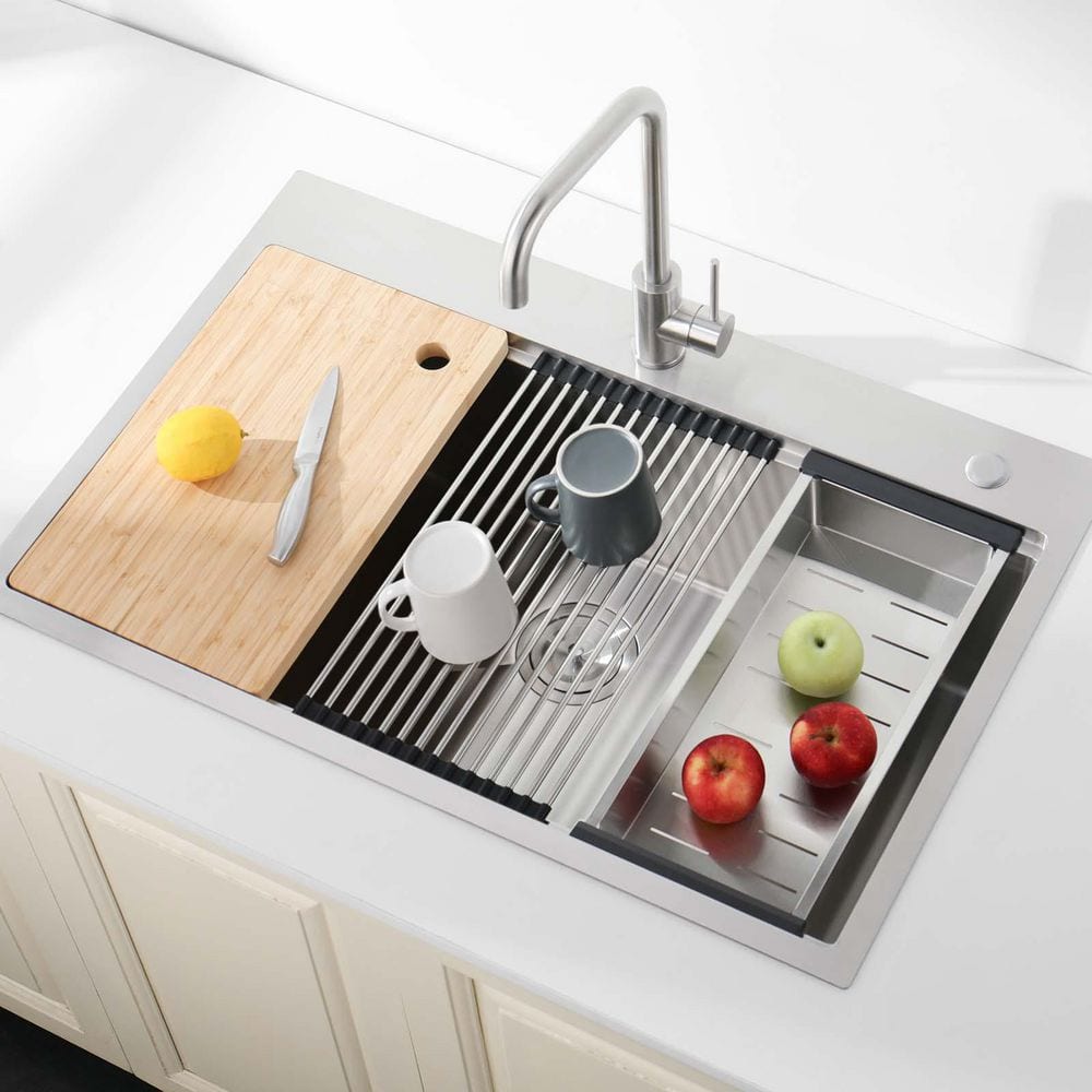 33 in. Gray Drop in Single Bowl 18-Gauge Stainless Steel Workstation Kitche