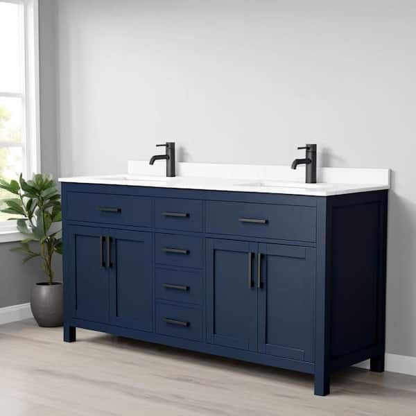 Beckett 66 in. W x 22 in. D x 35 in. H Double Sink Bathroom Vanity in Dark Blue with Carrara Cultured Marble Top