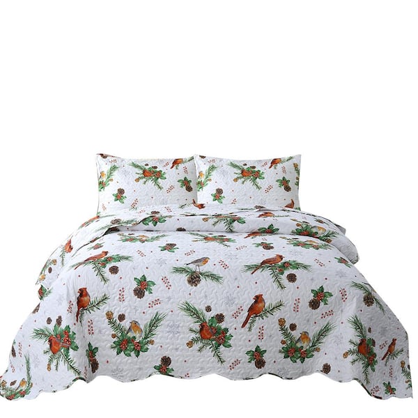 MarCielo C79 Christmas 3-Piece White/Green/Multi Winter Cardinals Polyester King Quilt Bedspread Set