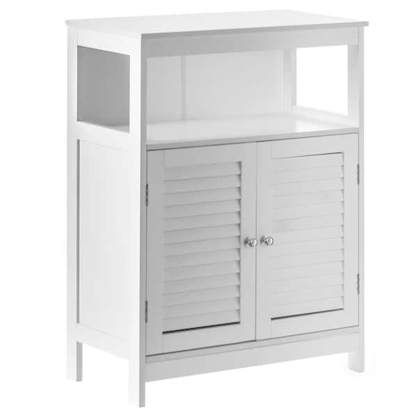 Basicwise Wooden White Modern Storage Bathroom Vanity Cabinet with Adjustable Shelves and Two Horizontal Planks Design Doors
