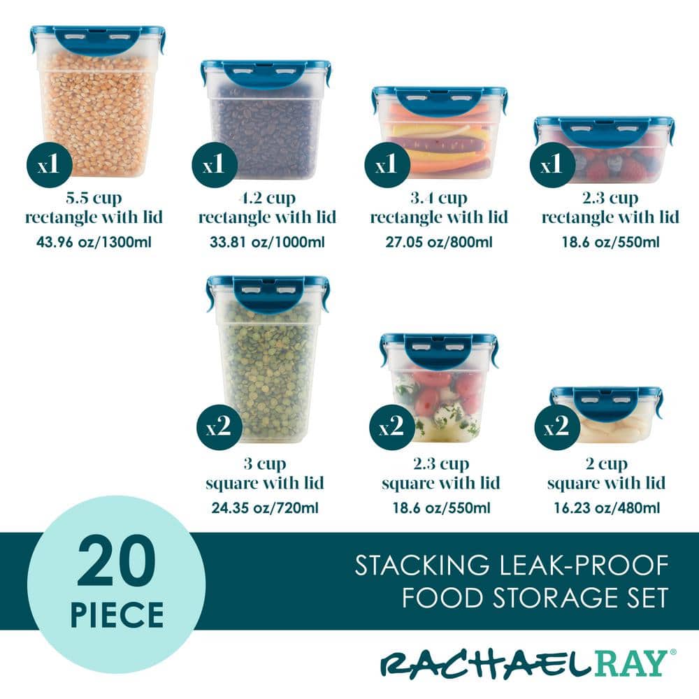 Clear Plastic 20-Piece Food Storage Container Set with Teal Lids