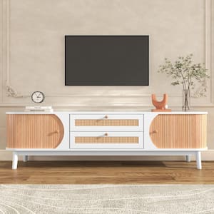Elegant White and Natural TV Stand Fits TVs up to 75 in with Waterproof Tabletop, Rattan Drawer, Sliding Solid Wood Door
