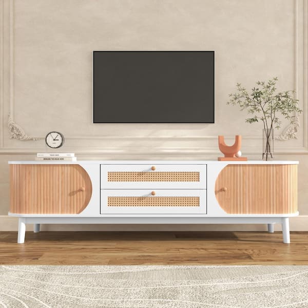 Harper & Bright Designs Elegant White and Natural TV Stand Fits TVs up to 75 in with Waterproof Tabletop, Rattan Drawer, Sliding Solid Wood Door