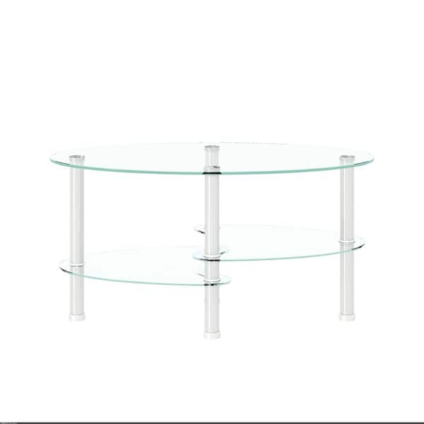 Hersa 35.43 in. Silver Modern Oval 3-layer Glass Coffee Table, Stainless Steel Legs
