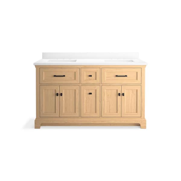 KOHLER Charlemont 60.75in. Double Sink Freestanding Light Oak Bath Vanity with White Quartz Top Assembled