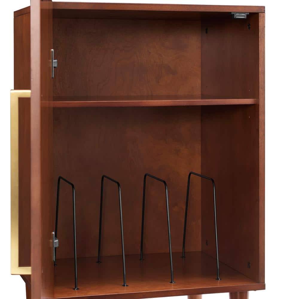 Mid-Century Brown Wood Record Player Cabinet with Gold Accents