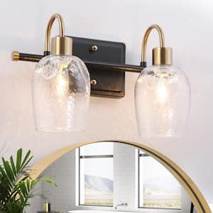 14 in. 2-Light Black and Brass Gold Bathroom Vanity Light, Hammer Glass Bath Lighting, Modern Wall Sconce for Mirrors