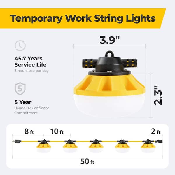 50 ft. 120 Volt LED Construction String Light, 5-Light Linkable Work Light IP65 Waterproof for Garage Jobsite Attic