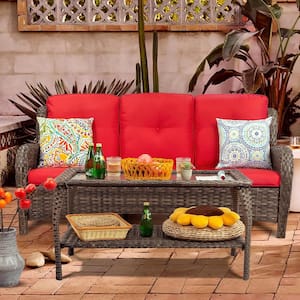 2-Piece Wicker Outdoor Couch with Red Cushions Patio Conversation Set (Couch + Coffee Table)