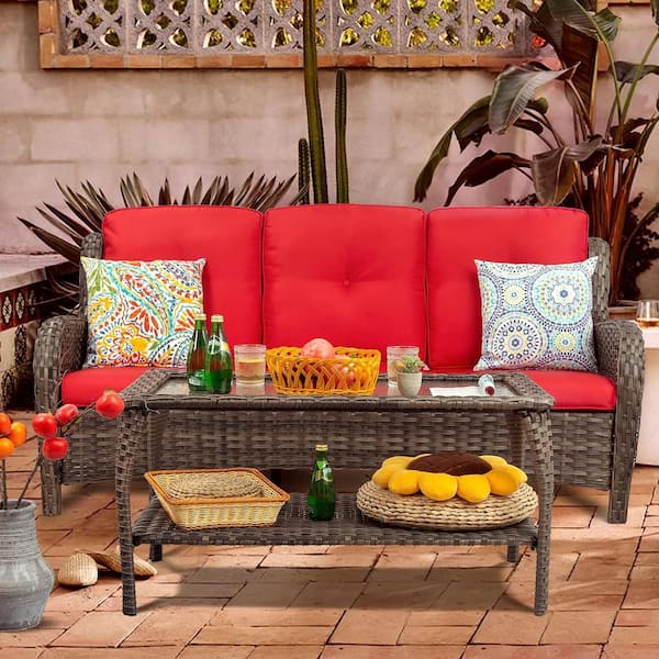 Tenleaf 2-Piece Wicker Outdoor Couch with Red Cushions Patio Conversation Set (Couch + Coffee Table)