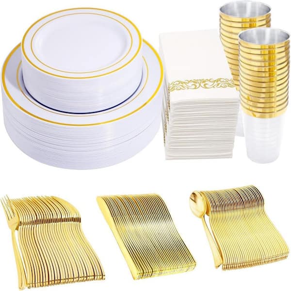 350 Pieces White and Gold Plastic Dinnerware Set Service for 50, 100 Plates, 50 Silverware, 50 Paper Napkins and 50 Cups