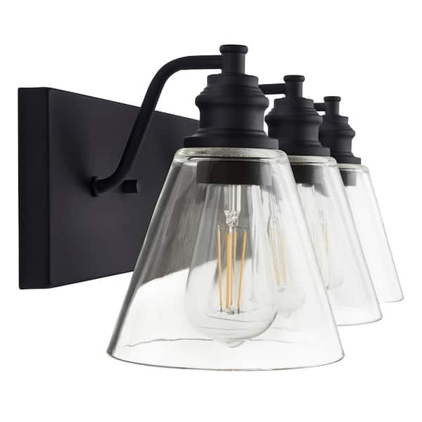 Hampton Bay Manor 24 in. 3-Light Matte Black Industrial Bathroom Vanity  Light with Clear Glass Shades 1012HBMBDI - The Home Depot