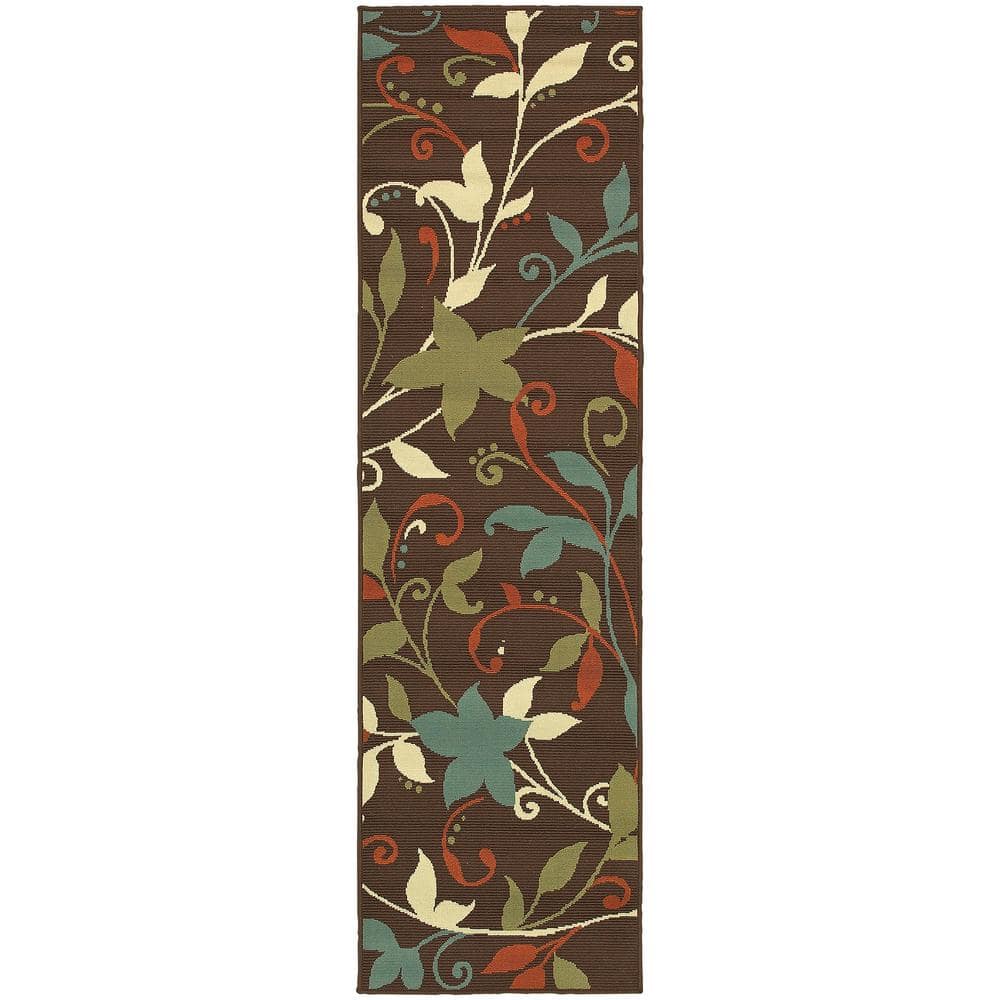 Floral Brown/Green 2 ft. x 8 ft. Floral Indoor/Outdoor Patio Runner Rug