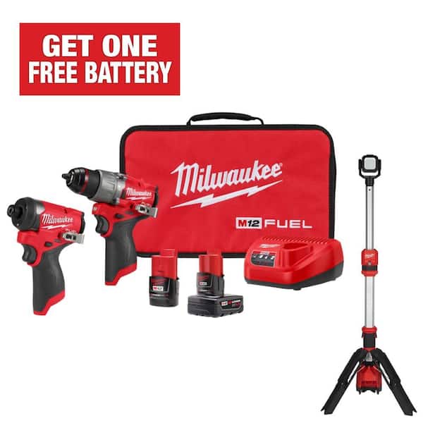 Milwaukee M12 FUEL 12-Volt Lithium-Ion Brushless Cordless Hammer Drill, Impact Driver, Stand Light Combo Kit w/2 Batteries & Bag