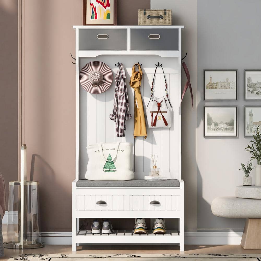 69 in. H Hall Tree with 4 Hooks and Hinged Lid, Coat Hanger, Entryway Bench
