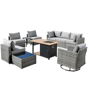Sanibel Gray 10-Piece Wicker Patio Conversation Sofa Set with a Swivel Chair, a Storage Fire Pit and Dark Gray Cushions