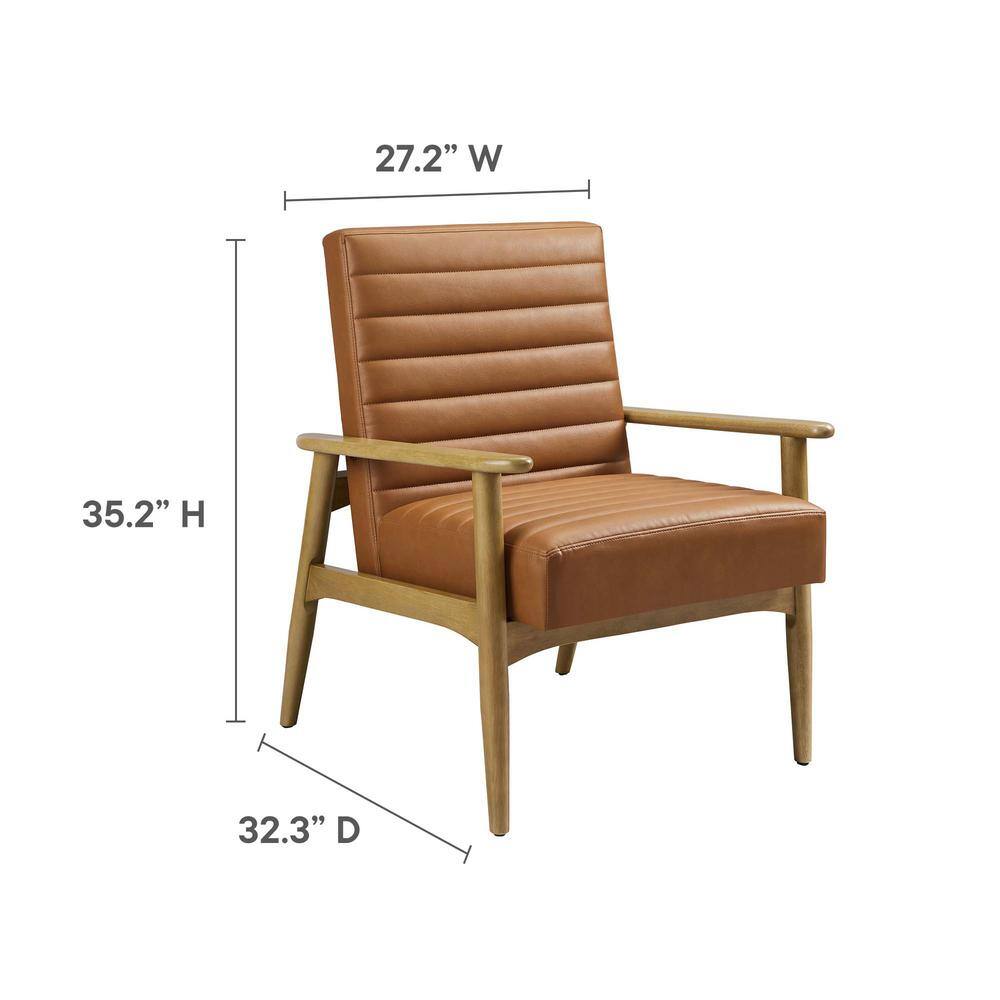 French Oak Tan Faux Leather Barrel Accent Chair with Wood Frame