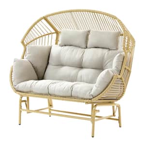 2-Seat Yellow Wicker Egg Chair Patio Glider, Backyard Living Room Indoor/Outdoor Chaise Lounge with Beige Cushions