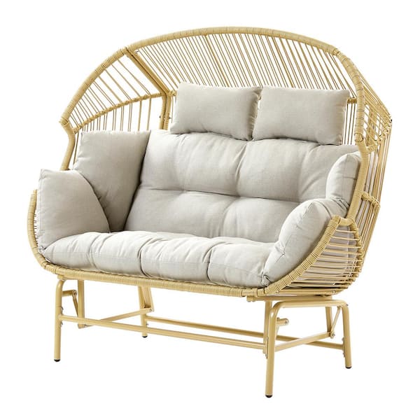 2-Seat Yellow Wicker Egg Chair Patio Glider, Backyard Living Room Indoor/Outdoor Chaise Lounge with Beige Cushions