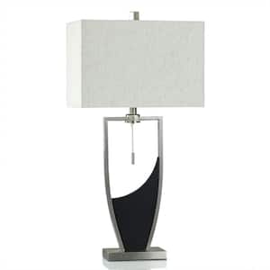 33.25 in. Black, Brushed Steel, Heathered Oatmeal Task and Reading Table Lamp for Living Room with Beige Linen Shade