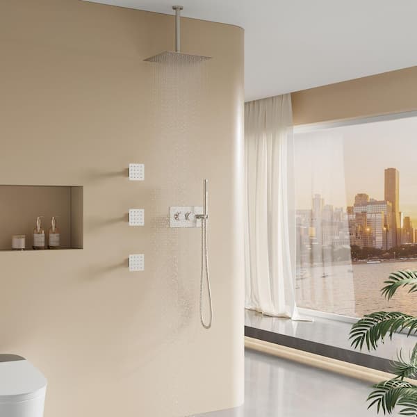 3-Spray 12 in. Ceiling Dual Fixed and Handheld Shower Head with Body Jets in Brushed Nickel, Thermostatic Mixing Valve