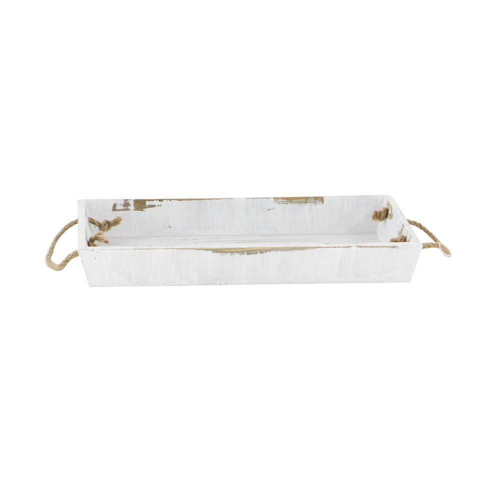 Nautical White and Blue Wood Rectangular Tray Set with Jute Handles