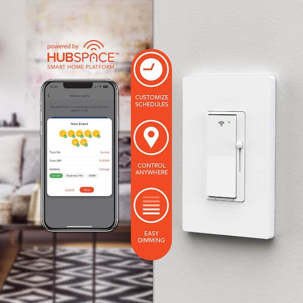 White Smart Paddle Dimmer for CFL, Halogen, Incandescent, LED, 1-Pack Powered by Hubspace