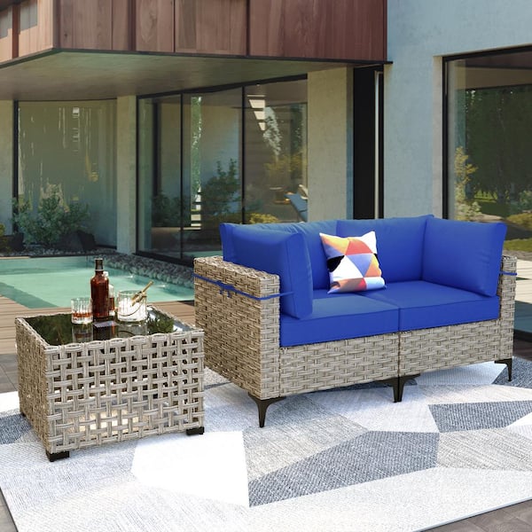 OVIOS Supery Gray 3-Piece Wicker Patio Conversation Set with Navy Blue Cushions and Coffee Table
