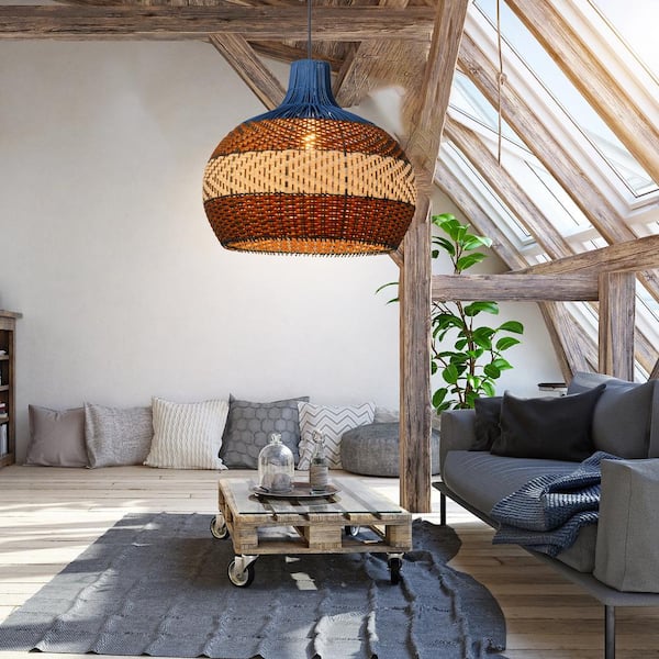 ARTURESTHOME 23.62 in. 1-Light Blue Rattan Pendant Light with Drum