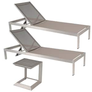 3-Piece Gray and Silver Aluminum Outdoor Chaise Lounge with Adjustable Backrest and Coffee Table