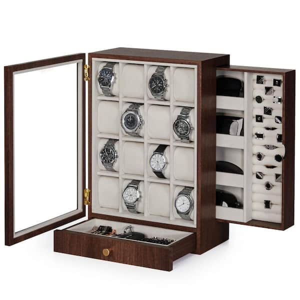 16-Slot Wooden Watch Box Display, Large Storage for Men's
