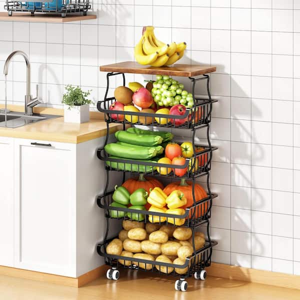 5-Tier Metal Fruit and Vegetable Storage Basket with Rolling Wheels Cart for Kitchen, Pantry, Bathroom and Livingroom