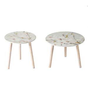 35.4 in. White and Multicolor Round Wood End Side Table with Wooden Frame (Set of 2)