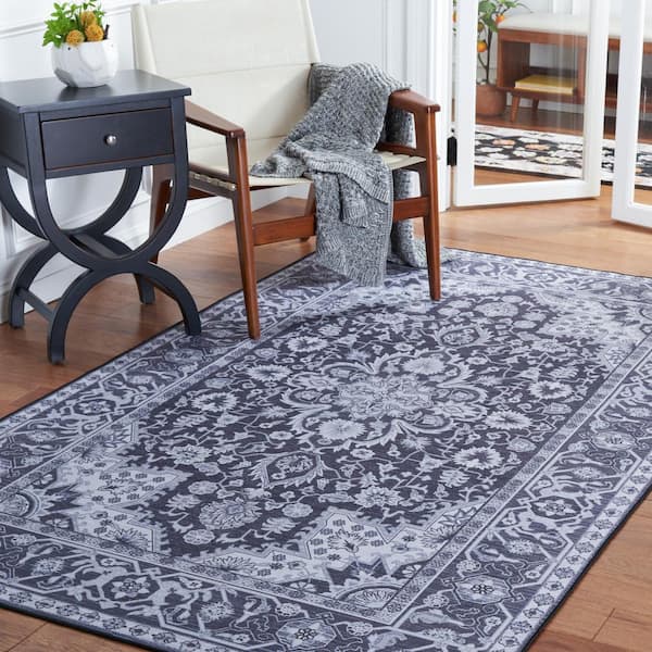 Tucson Black/Beige 6 ft. x 6 ft. Machine Washable Medallion Floral Border Distressed Square Area Rug