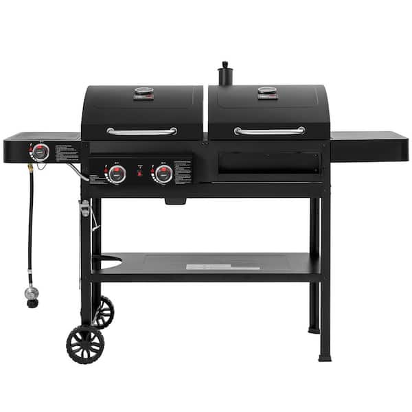 2-Burner Propane Gas and Charcoal Combo Grill with Side Burner in Black, Dual Fuel Grill, 823 Sq. In. Cooking Area