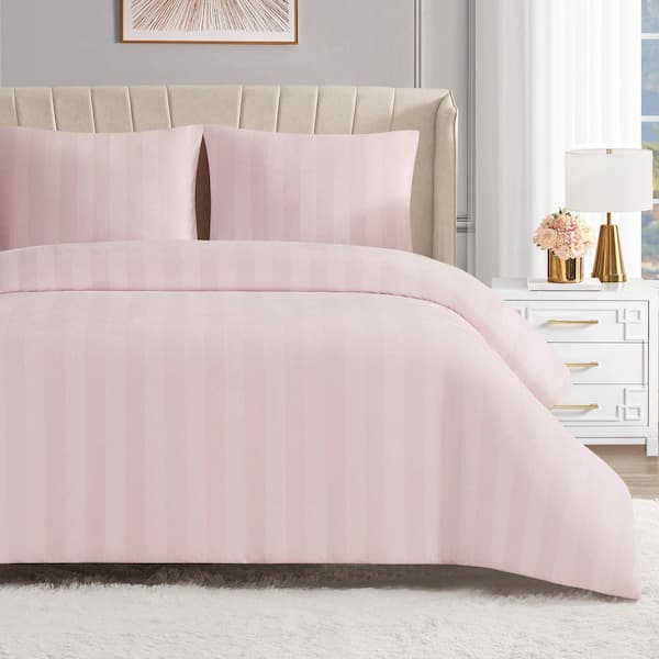 Jenny Velour Striped Jacquard 3-Piece Light Pink Striped Microfiber Full/Queen Duvet Cover Set