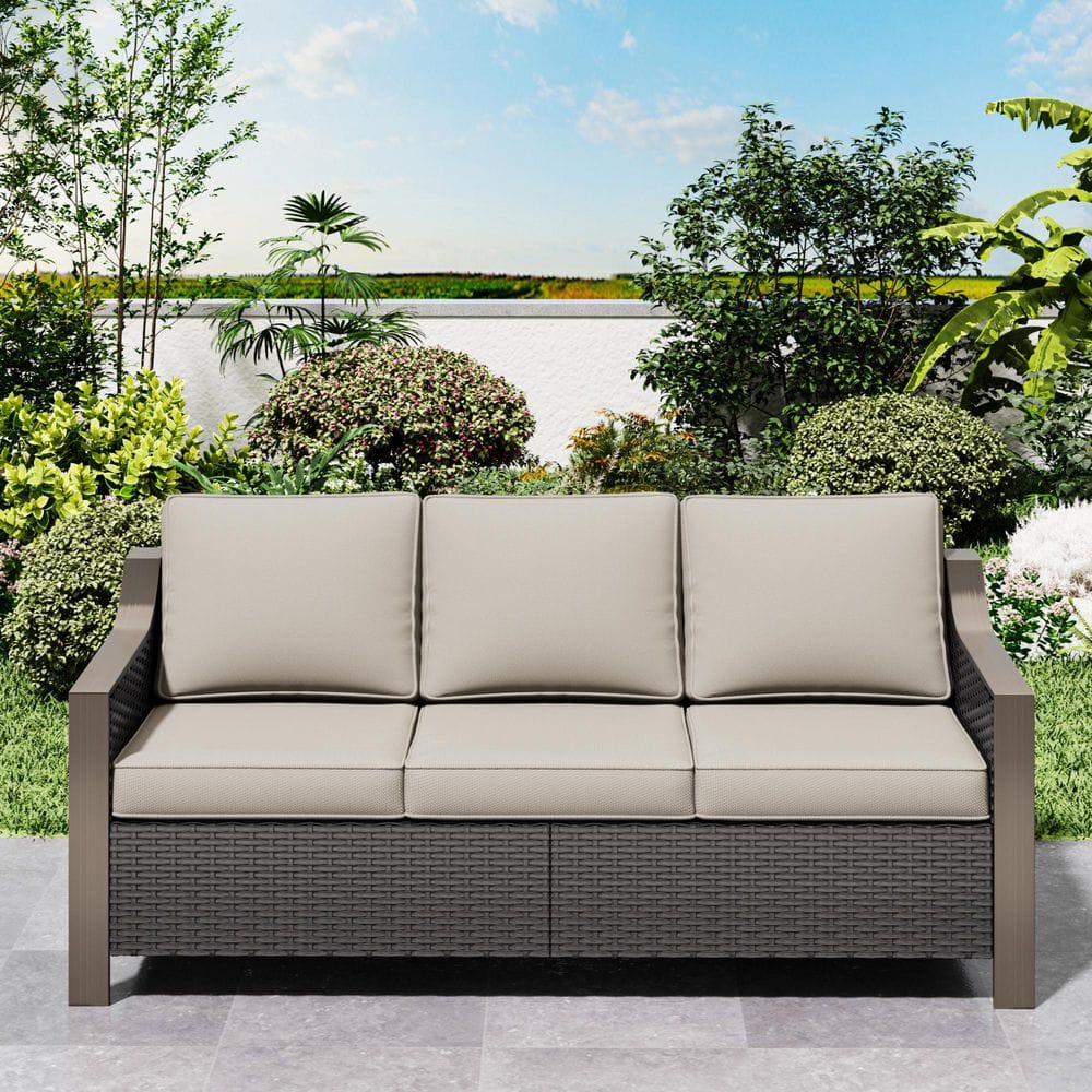 3-Seat Dark Brown Wicker Outdoor Couch Patio Sofa with Gently Sloped Armrests and Beige Cushions price history on PriceWatchPro