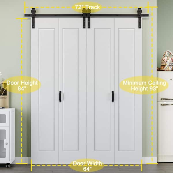 64 in. x 84 in. Paneled 1-Lite White Primed MDF Composite Bi-fold Sliding Barn Door with Hardware Kit and Handle