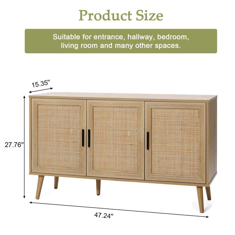 Light Oak 3-Door Rattan and Wood Sideboard Cabinet