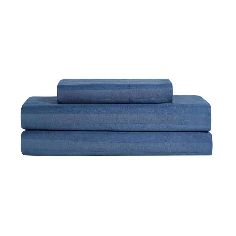 The Sheet Lab Regal Dreams 3-Piece Navy Striped Cotton Twin Deep Pocket ...