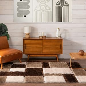 San Francisco Escondido Brown Modern Geometric Squares 7 ft. 10 in. x 9 ft. 10 in. 3D Carved Shag Area Rug