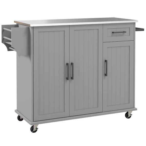 Gray Wood 18 in. Kitchen Island with Wheels, Spice Rack, Towel Rack and Storage