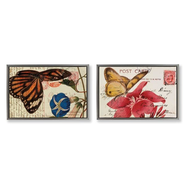 Butterfly Accented Postcards by Deborah Revell 2-Pieces Gray Floater Frame Animal Graphic Art Print 21 in. x 31 in.