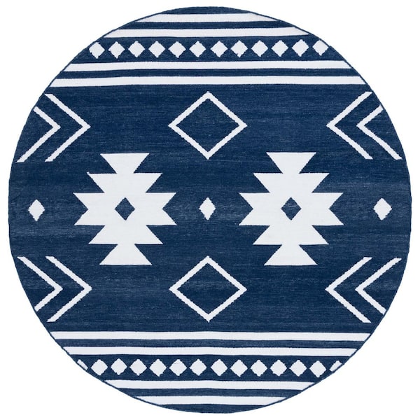 Kilim 7 ft. x 7 ft. Round Navy/Ivory Aztec Striped Area Rug